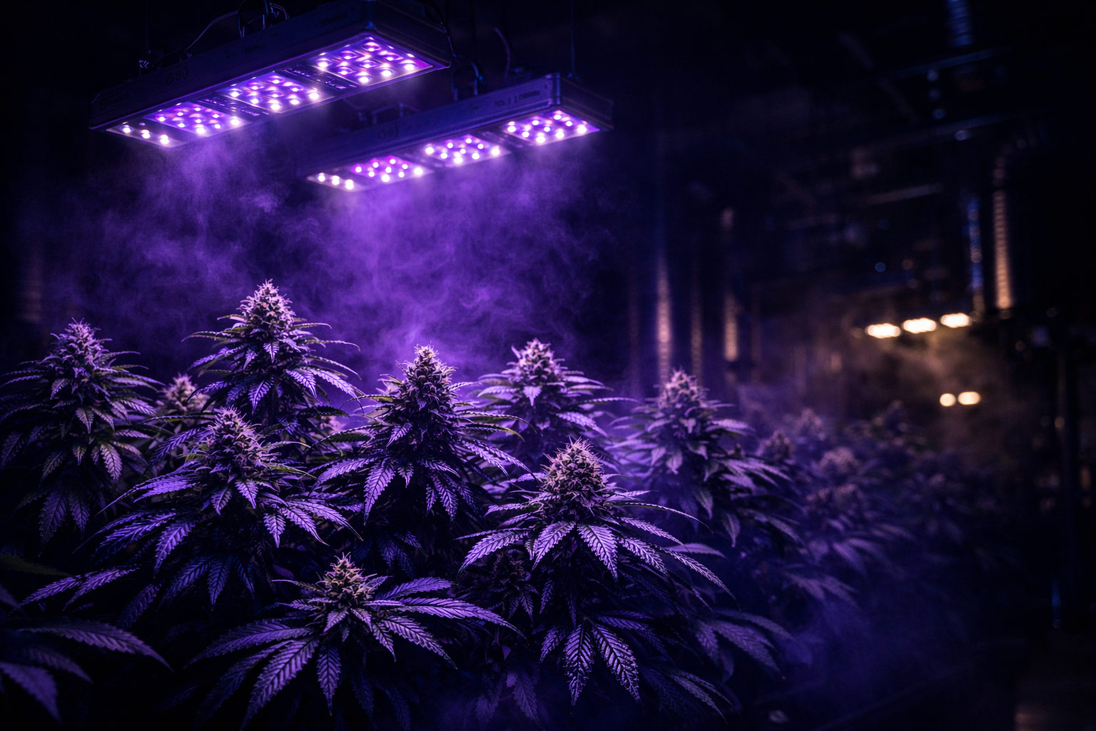 Professionelle LED-Growlampe über Cannabis-Pflanzen mit violett-weißem Lichtspektrum, Indoor-Growroom
