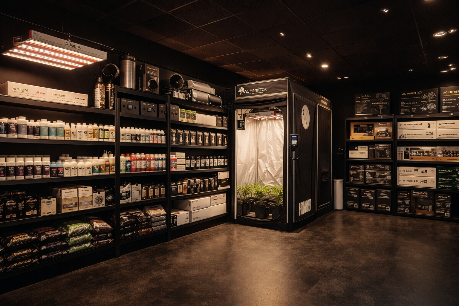 Cineastische, fotorealistische Aufnahme eines modernen Growshop-Interieurs im 16:9-Format: dunkler Hintergrund, warmes professionelles Licht, saubere Regalsysteme mit Nährstoff-Flaschen, Substraten und Zubehör; links LED-Growlampen als Demo, mittig ein aufgebautes Growzelt mit Pflanzen, rechts Regale mit Zelten, Ventilatoren/Filtern und Equipment; insgesamt hochwertig, aufgeräumt und modern.
